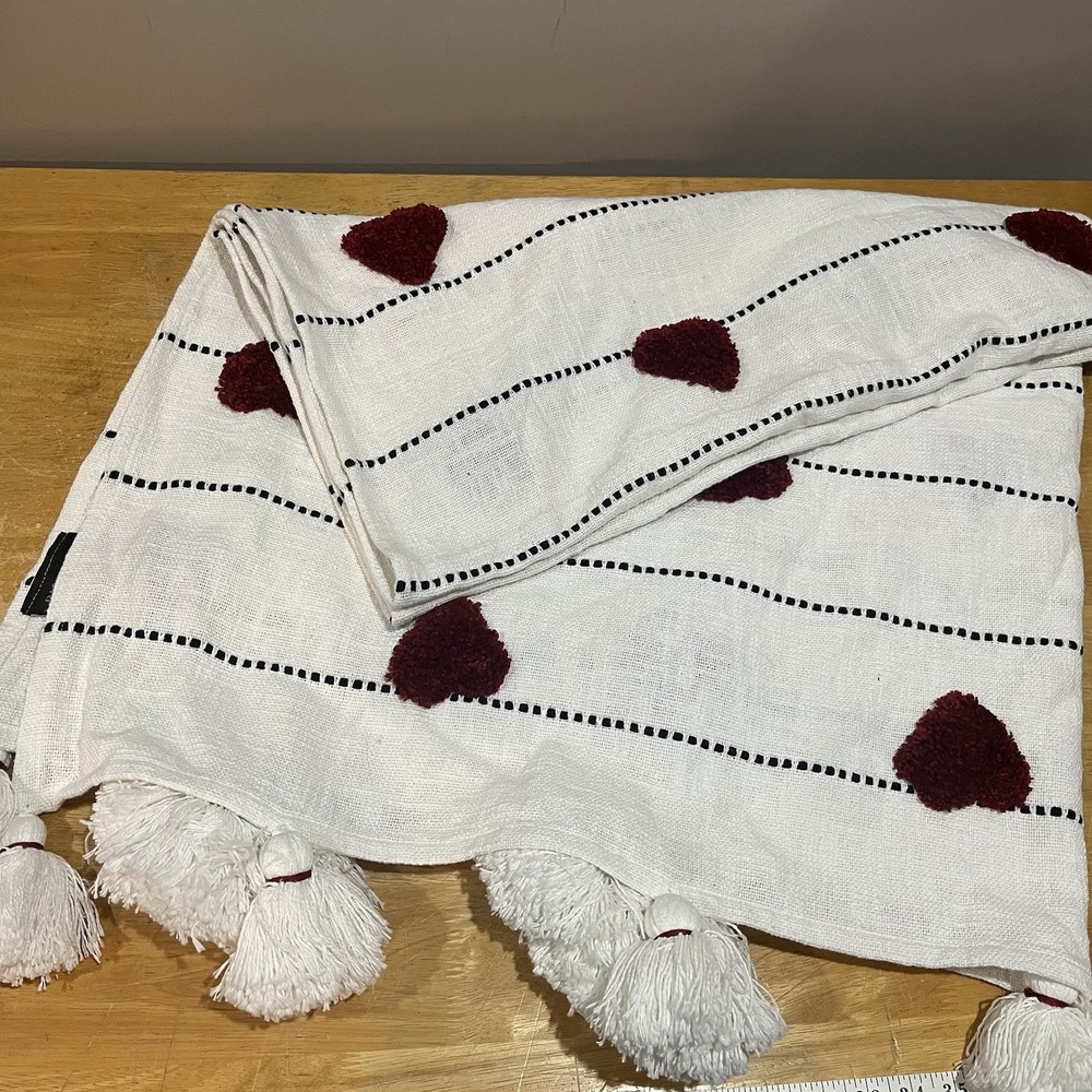 Rachel Zoe 50x60" Woven Cream Thick Tasseled Plush Heart Valentine Throw Blanket